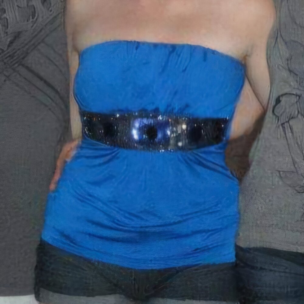 Strapless bejewled blue blouse